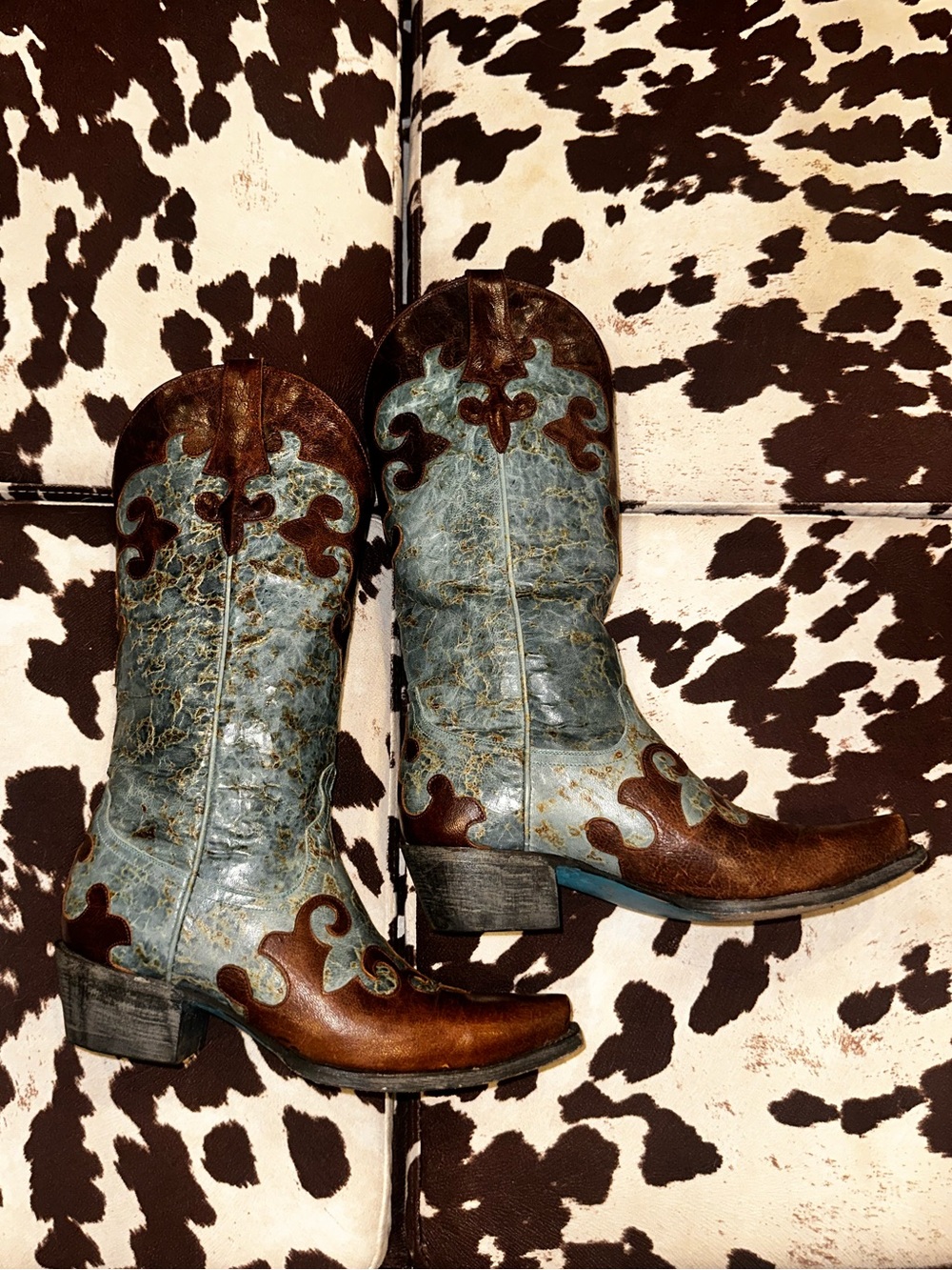 Lane Turquoise & Brown Leather Western Cowboy Boots